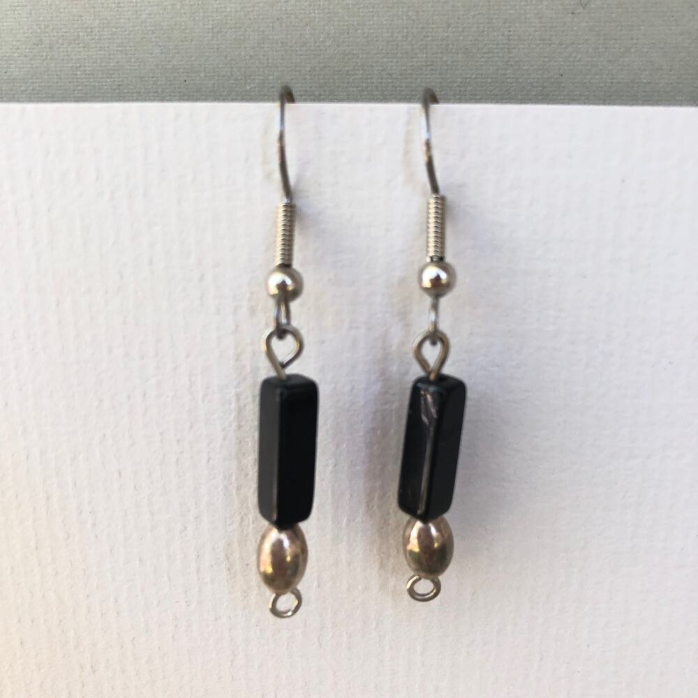 Black Onyx Hook Earrings Silver Tone Handmade Gift Boho Gemstone